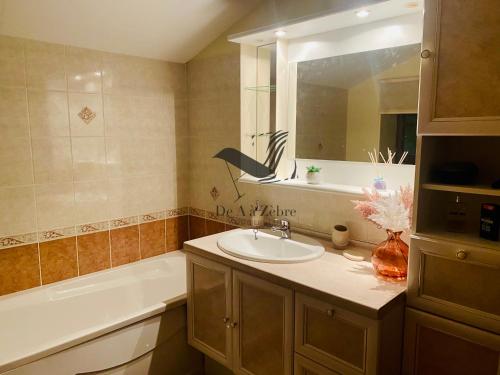 a bathroom with a sink and a tub and a mirror at L'Envol - Spacieuse maison avec piscine privative in Champagne