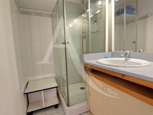une salle de bain avec un lavabo et une douche dans l'établissement Terrasse vue piscine et apercu mer pour 4 personnes avec garage, à Sète