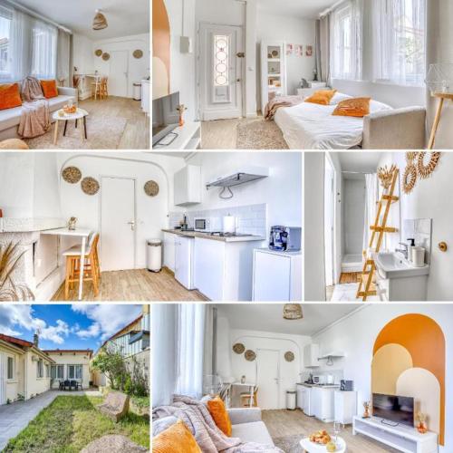 un collage de photos d'une cuisine et d'un salon dans l'établissement Emmanuel INN 2, à Pierrefitte-sur-Seine