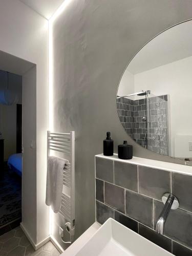 une salle de bain avec un lavabo et un miroir dans l'établissement Loue maison de maitre en Camargue, à Saint-Laurent-dʼAigouze