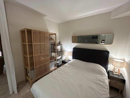 une chambre avec un lit et une étagère dans l'établissement A050-Studio avec jardin prive Cannes pres de la plage, à Cannes