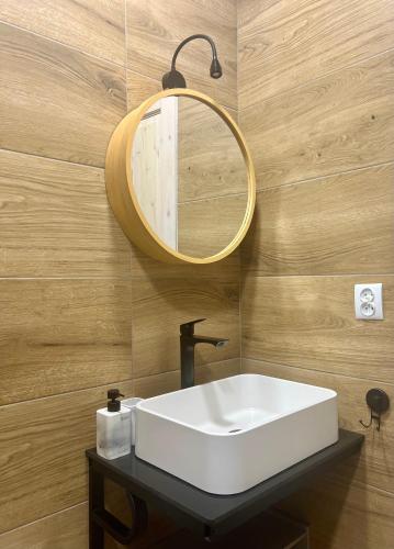 a bathroom with a white sink and a mirror at Apartament Rosalia in Srebrna Góra