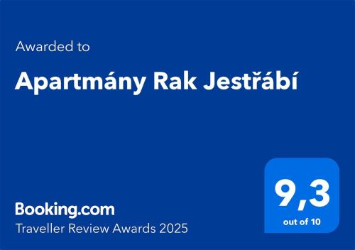 Un certificado, premio, letrero u otro documento en Apartmány Rak Jestřábí