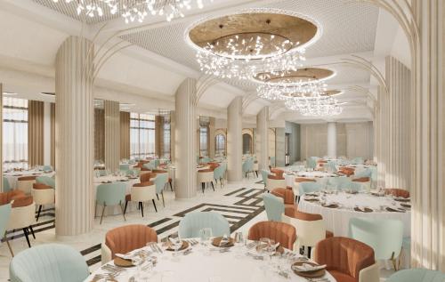 a rendering of a dining room with tables and chandeliers at Hotel Pietroasa in Buzau