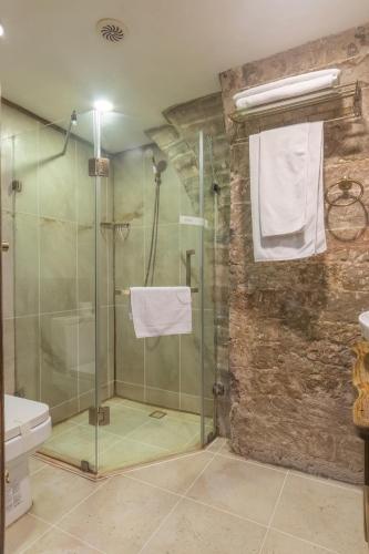 a bathroom with a shower with a glass door at Passage Hotel in Baku