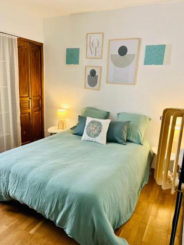 Un dormitorio con una cama grande con un edredón azul. en Charmant Appartement centre-ville, en Ajaccio