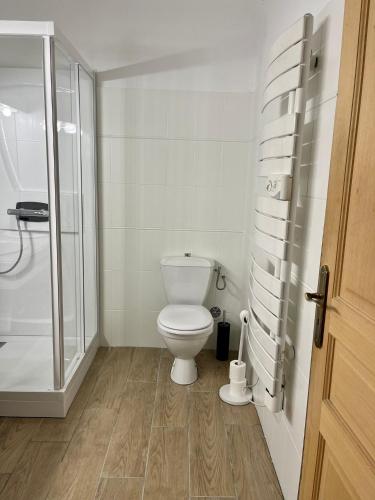 une salle de bain blanche avec toilettes et douche dans l'établissement Charmant Appartement centre-ville, à Ajaccio