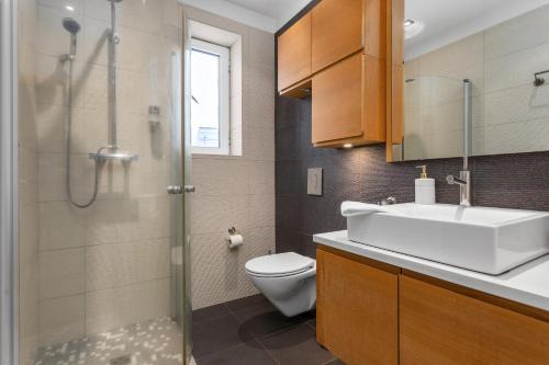 a bathroom with a toilet and a sink and a shower at City Comfort Apartments in Reykjavík