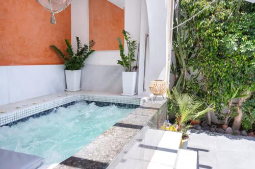 a swimming pool in a backyard with plants at Danae Villa in Fira