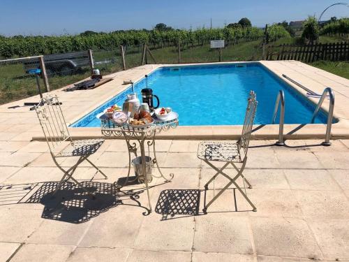 - une table et des chaises à côté de la piscine dans l'établissement Windmill in France, à Loubès-Bernac