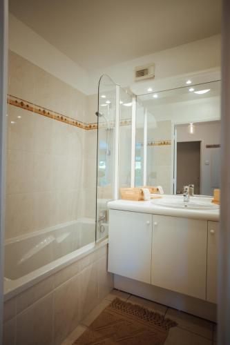 une salle de bain avec une baignoire, un lavabo et une douche dans l'établissement Lumineux appartement avec terrasse proche de Genève, à Saint-Genis-Pouilly