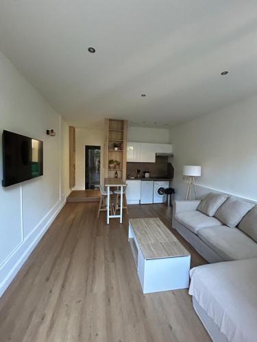 un salon avec un canapé blanc et une cuisine dans l'établissement Cosy 2 p au coeur de menton, à Menton