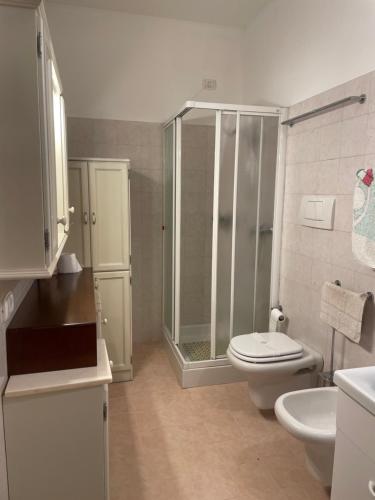 a bathroom with a shower and a toilet and a sink at Villa Rondine in Corno Alto