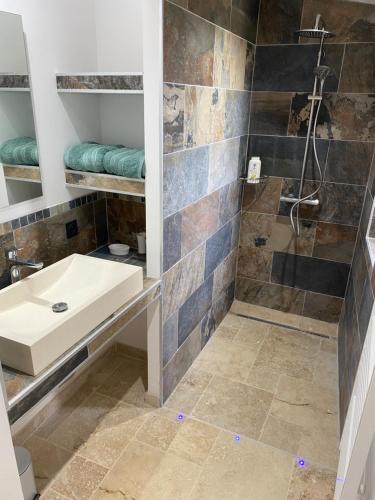 a bathroom with a sink and a shower at Village house near Uzes in Saint-Siffret