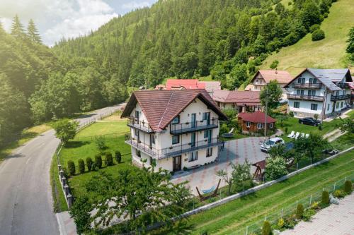 an aerial view of a house in a mountain at Transylvania Hut in Moieciu de Sus