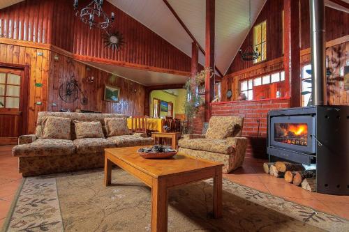 a living room with a couch and a fireplace at ECOHOSTAL HUELLAS DEL BOSQUE in Valdivia