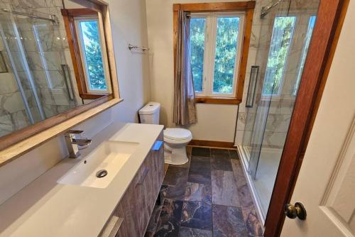 a bathroom with a sink and a shower and a toilet at All-Season 8BR Vacation Chalet in Blue Mountains