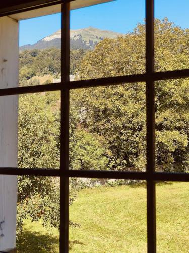 a view of a field from a window at Heimeliges Ferienhaus in Grüsch