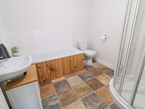 Un baño con inodoro, lavabo y ducha. en Woodside Guest House, en Coleraine
