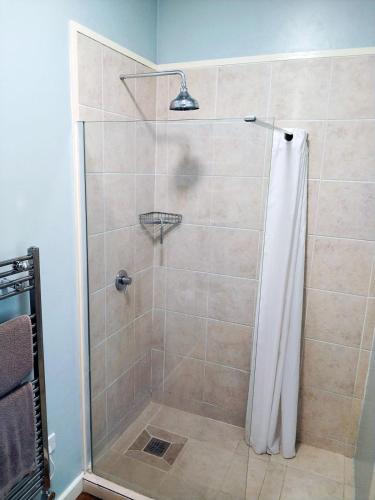 a shower with a glass door with a shower curtain at The Old Bakehouse in Newcastleton