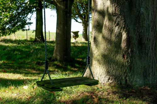 a swing hanging from a tree in a park at The Hayloft in Edwardstone