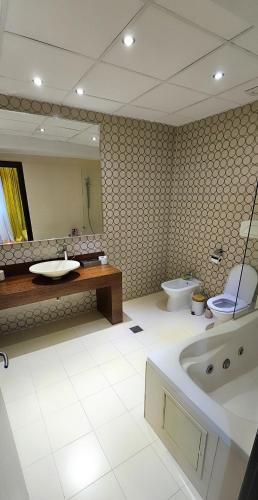 a bathroom with a sink and a toilet and a mirror at Rin Grand Residence 1 in Bucharest