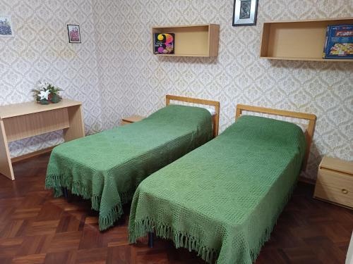 two beds in a room with green covers at La Ca' di Domenico in Barge