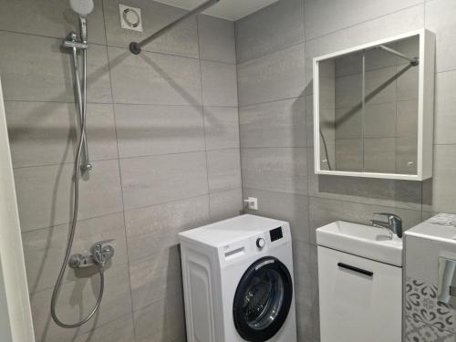 a bathroom with a washing machine and a sink at Prabangūs šeimos apartamentai Naujojoje Akmenėje in Naujoji Akmenė