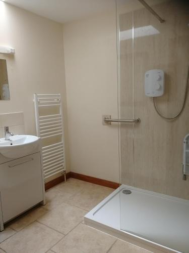 a bathroom with a shower and a sink at Dovehouse Farm Barns in Kingsey