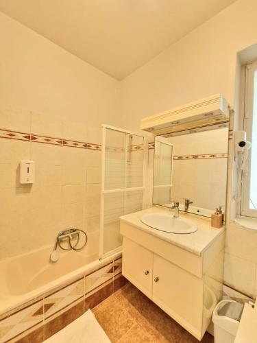 une salle de bain avec un lavabo, une baignoire et un miroir dans l'établissement Le Voltaire #Parking#Terrasse#Hypercentre, à Clermont-Ferrand