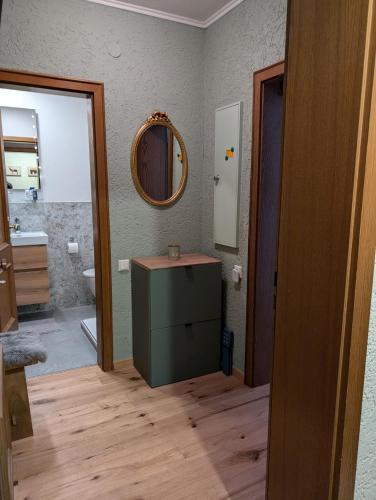 a bathroom with a sink and a mirror at Ferienwohnung am Almberg in Philippsreut