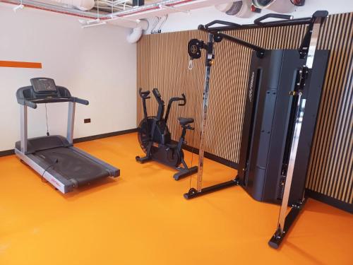 a gym with two exercise bikes and a treadmill at The Residence Dublin in Dublin