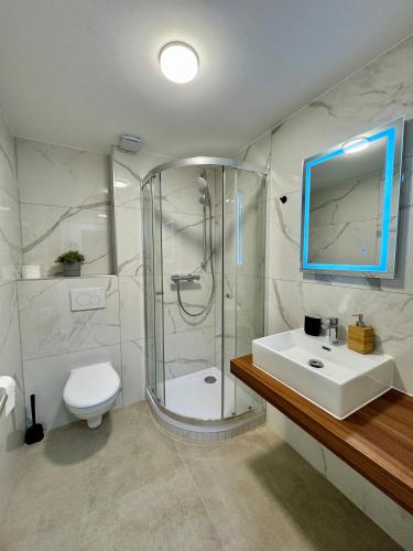 a bathroom with a shower and a sink and a toilet at JUNIPRO Apartments Haustadt in Beckingen