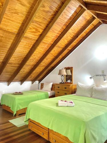 two green beds in a room with wooden ceilings at Bananaquit Tobago -Stay Near the Beach in Crown Point