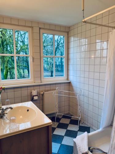 a bathroom with a sink and a tub and windows at Gutshaus Krimvitz kleines Doppelzimmer im Obergeschoss inklusive Frühstück in Putbus