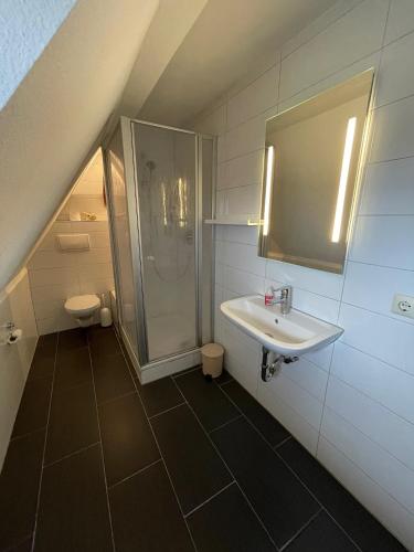 a bathroom with a sink and a shower at Landhotel Sickinger Hof in Walldorf