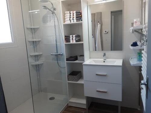 un bagno bianco con doccia e lavandino di Maison du pêcheur, forêt et océan a Notre-Dame-de-Monts