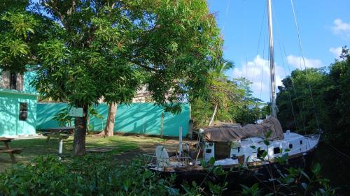 a boat parked in a yard next to a tree at Bamboleo Inn in Ladyville