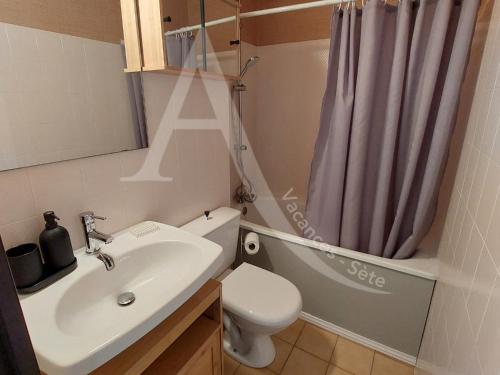 une salle de bain avec un lavabo, des toilettes et une douche dans l'établissement T2 quartier Quilles renove avec gout WIFI 4 personnes, à Sète