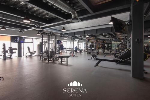 a gym with treadmills and machines in a room at Elegant Condo with Air Conditioning, Pool, Sauna, & Fitness Center in Polanco in Mexico City