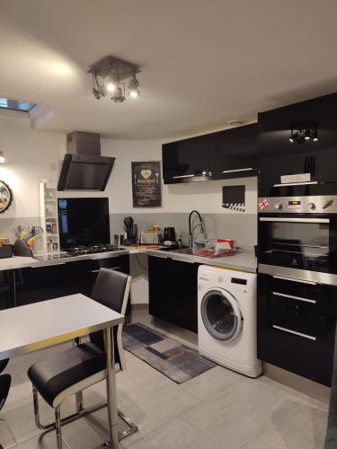 une cuisine avec des armoires noires et un lave-linge/sèche-linge dans l'établissement Le logis d'Hélène, à Selongey