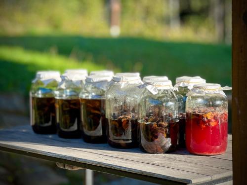 a group of bottles of jam sitting on a table at Zagroda na Pacanach in Iwkowa