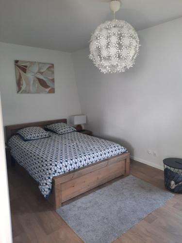 une chambre avec un lit et un lustre dans l'établissement Appartement 40M2, 1 chambre, à Fontainebleau
