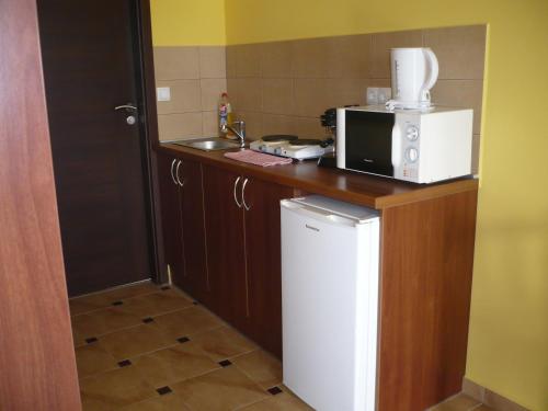 a kitchen with a microwave and a small refrigerator at Adrienn Apartman in Sárvár