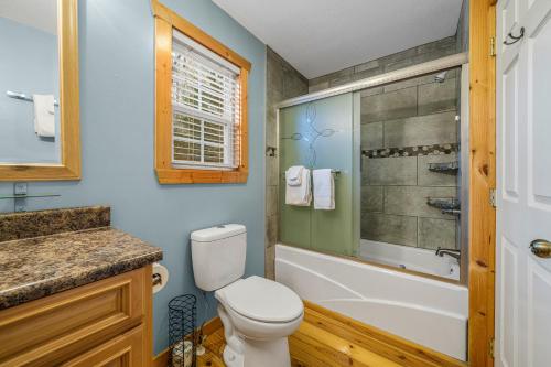 a bathroom with a toilet and a tub and a sink at Creeksong in Ellijay