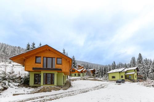 a wooden house in the snow with trees at Karpasole in Tatariv