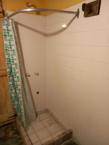 eine Dusche mit Duschvorhang im Bad in der Unterkunft Cabaña Alpina in Rodeo