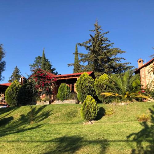 a house with a yard with trees and bushes at Cabañas villa de San Miguel in Huasca de Ocampo