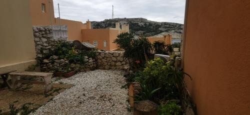 une cour avec des plantes, un banc et des bâtiments dans l'établissement Les fees mer, à Marseille