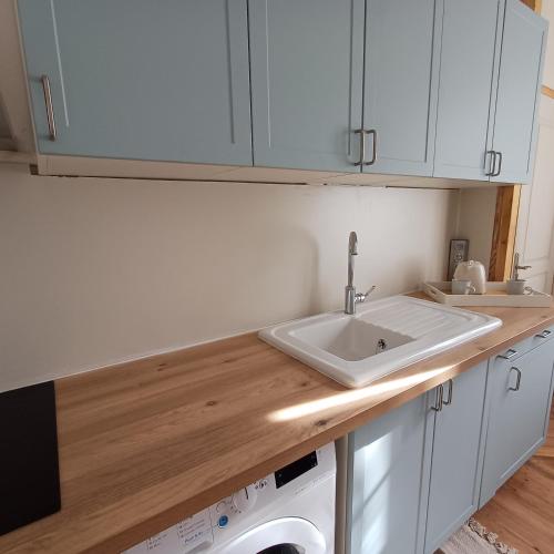 une cuisine avec un évier et une machine à laver dans l'établissement L'Epicerie Maison années 30, à Caen
